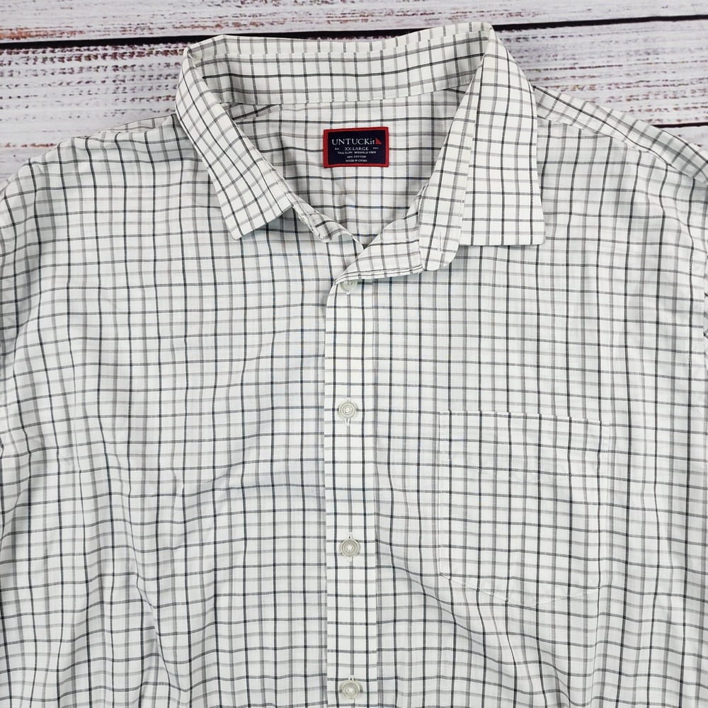 UNTUCKit Mens XXL Tall Slim Wrinkle Free Cotton Button Down Shirt White Check
